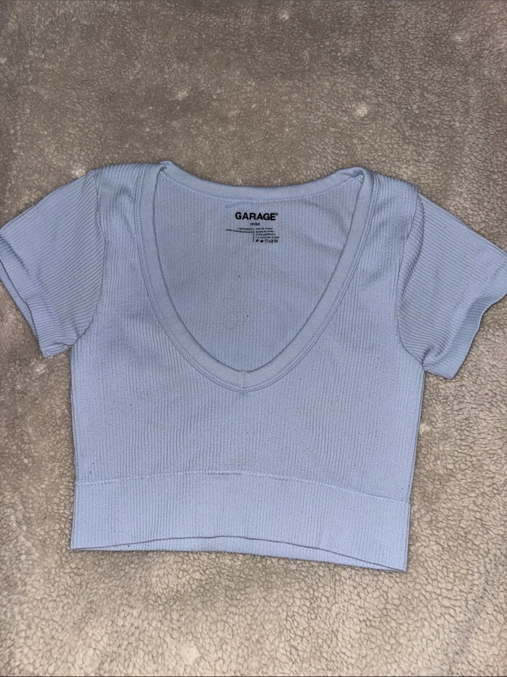 Garage Light Blue Ribbed V-Neck Cropped Tee